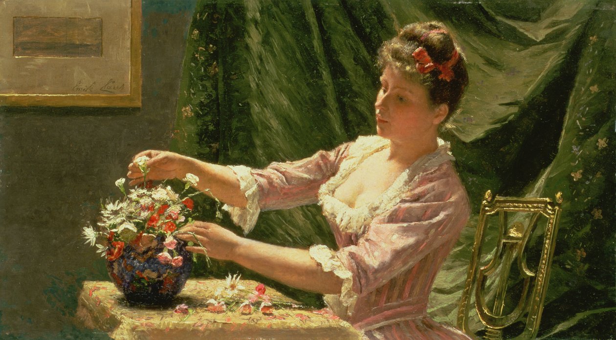 Giovane donna che sistema i fiori da Emile Claus