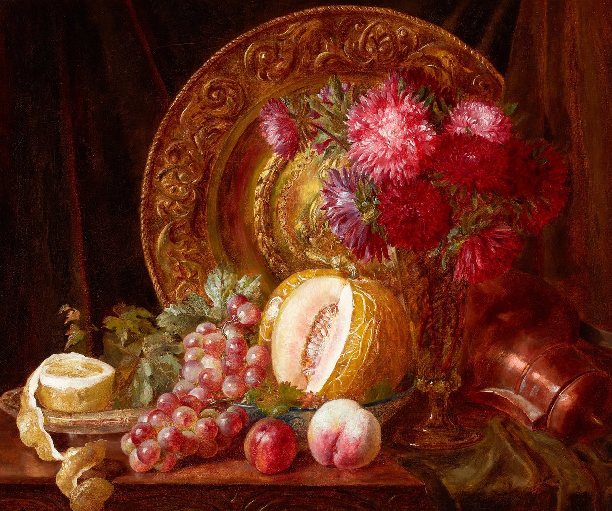 Crisantemi, frutta e piatti da Emily Stannard