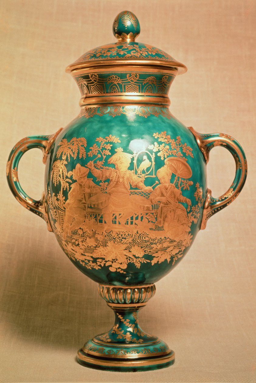 Vaso di Chelsea con coperchio e design chinoiserie dorato (periodo Gold Anchor, 1758-69) da English School
