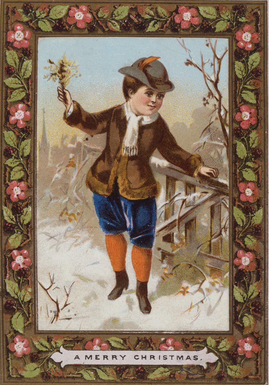 Cartolina di Natale raffigurante un ragazzo che cammina nella neve da English School