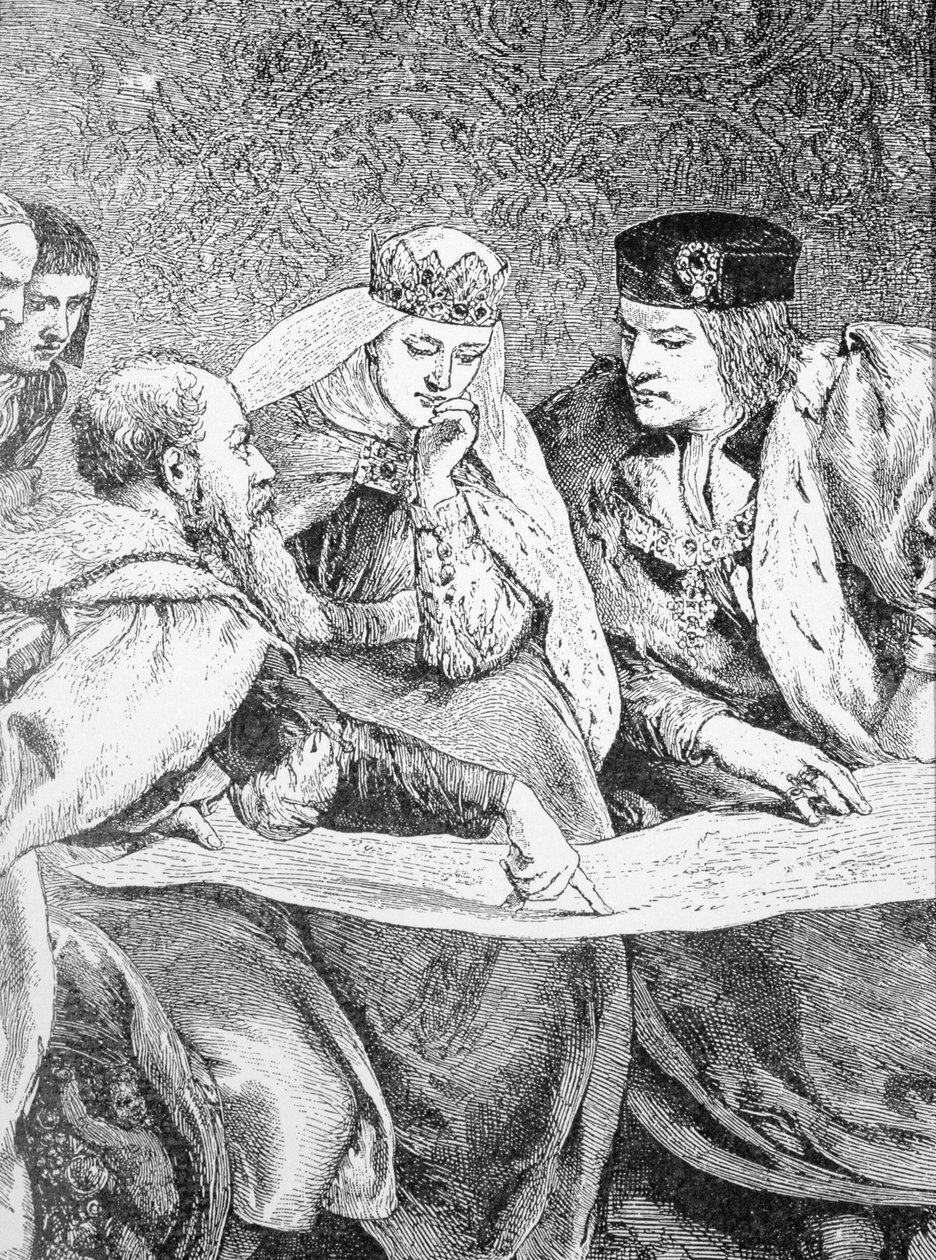 Cristoforo Colombo (1451-1506) descrive il suo viaggio nelle Americhe al re Ferdinando II (1452-1516) e alla regina Isabella (1451-1504) da English School