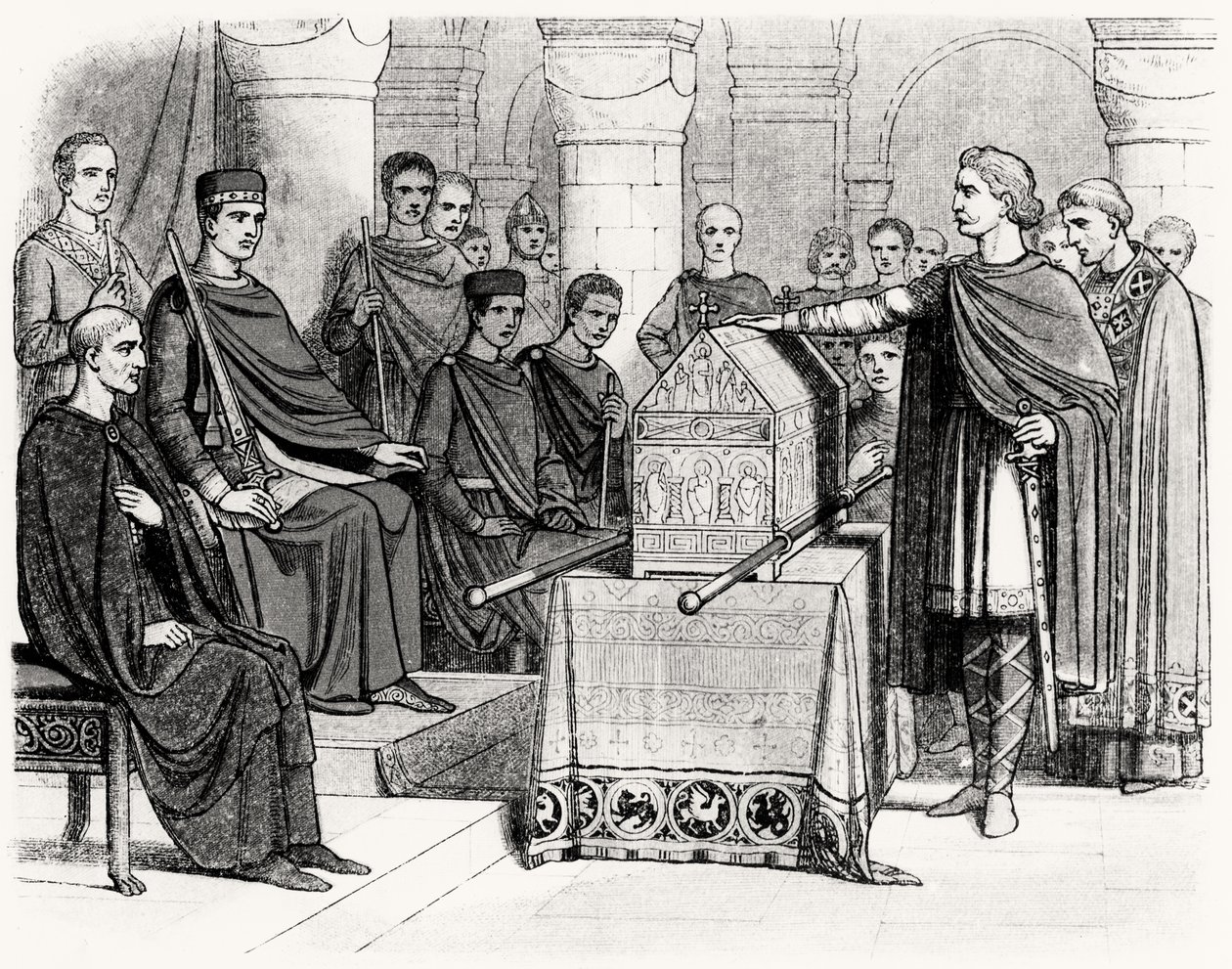 Harold II (c.1022-66) che giura di sostenere il lascito del trono a Guglielmo I, il Conquistatore (c.1028-87) da Edoardo il Confessore (c.1003-66), c.1064 da English School