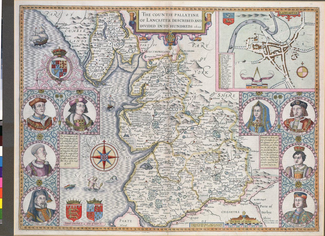 Mappa di Lancaster divisa in centinaia, 1610 da English School