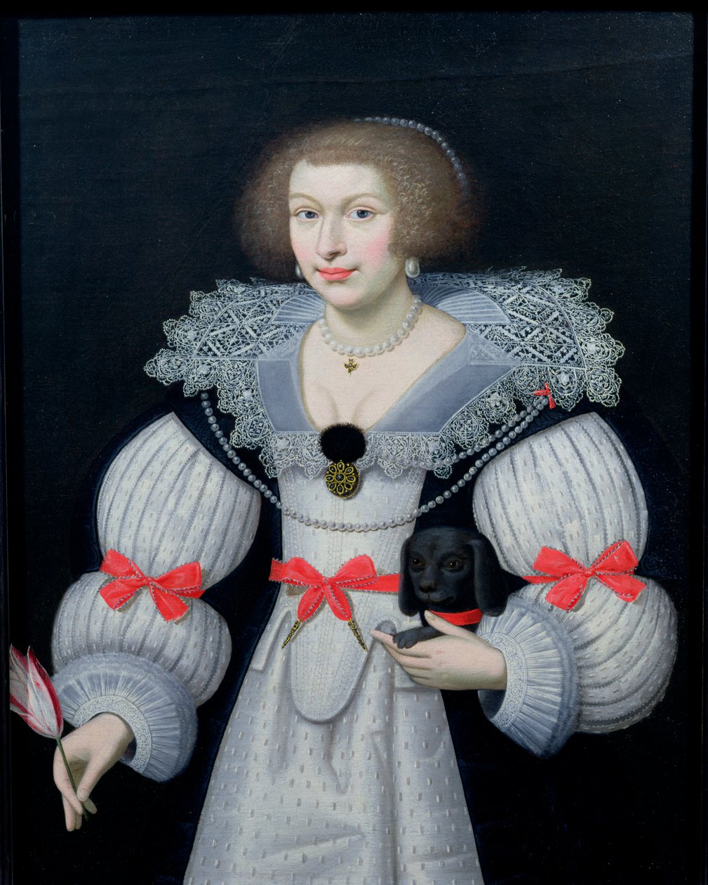 Ritratto di una signora con un cane e un tulipano, c.1620 da English School