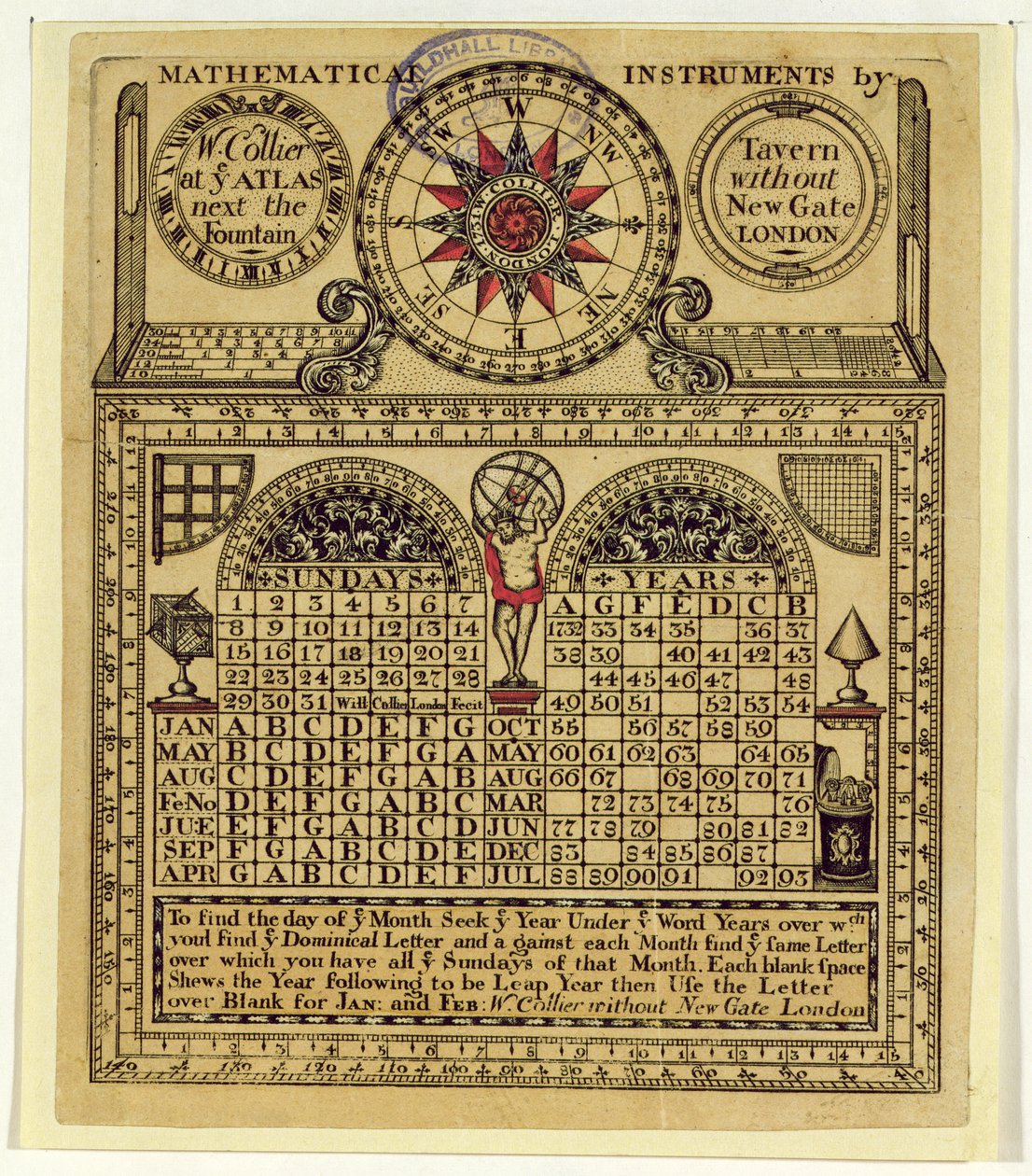 Biglietto da visita di W. Collier, produttore di strumenti matematici, 1731 da English School