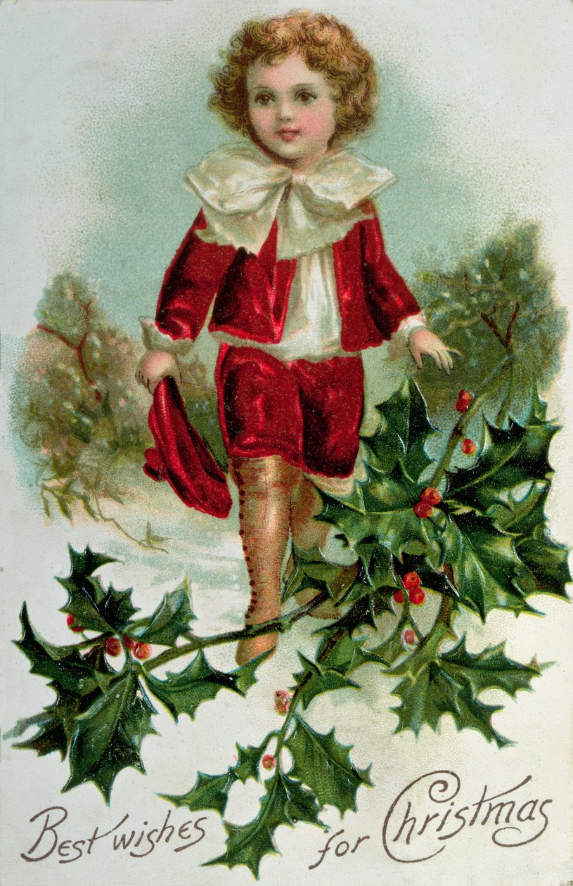 Cartolina di Natale vittoriana che raffigura un ragazzo in rosso nella neve da English School