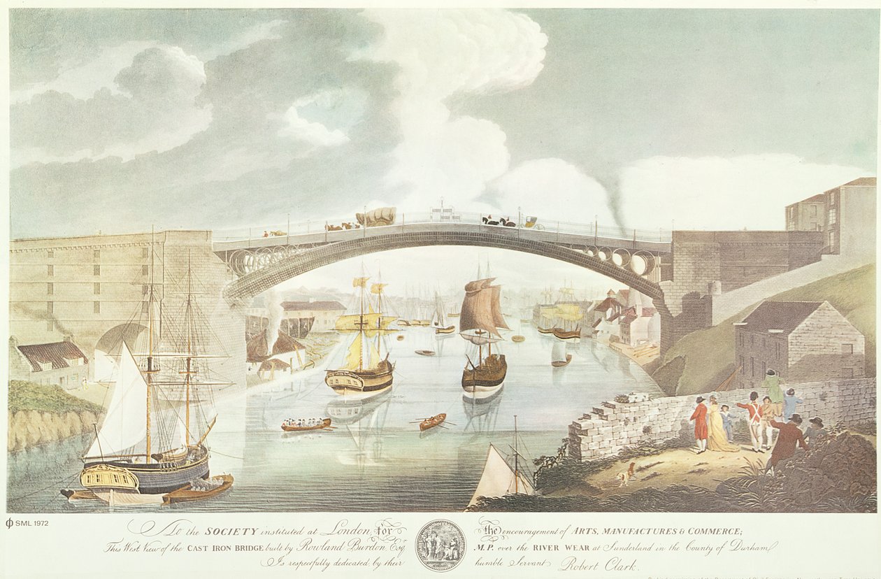 Vista occidentale del ponte di ferro costruito da Rowland Burdon Esq., MP, sul fiume Wear a Sunderland, c.1796 (incisione colorata a mano) da English School