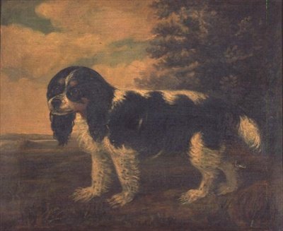 Un King Charles Spaniel in un paesaggio da English School