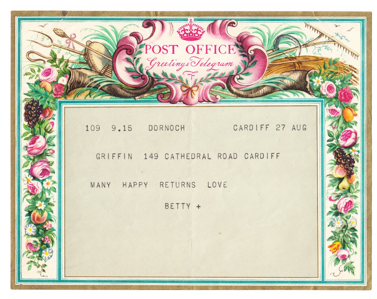 Telegramma di auguri di compleanno, c.1950 da English School