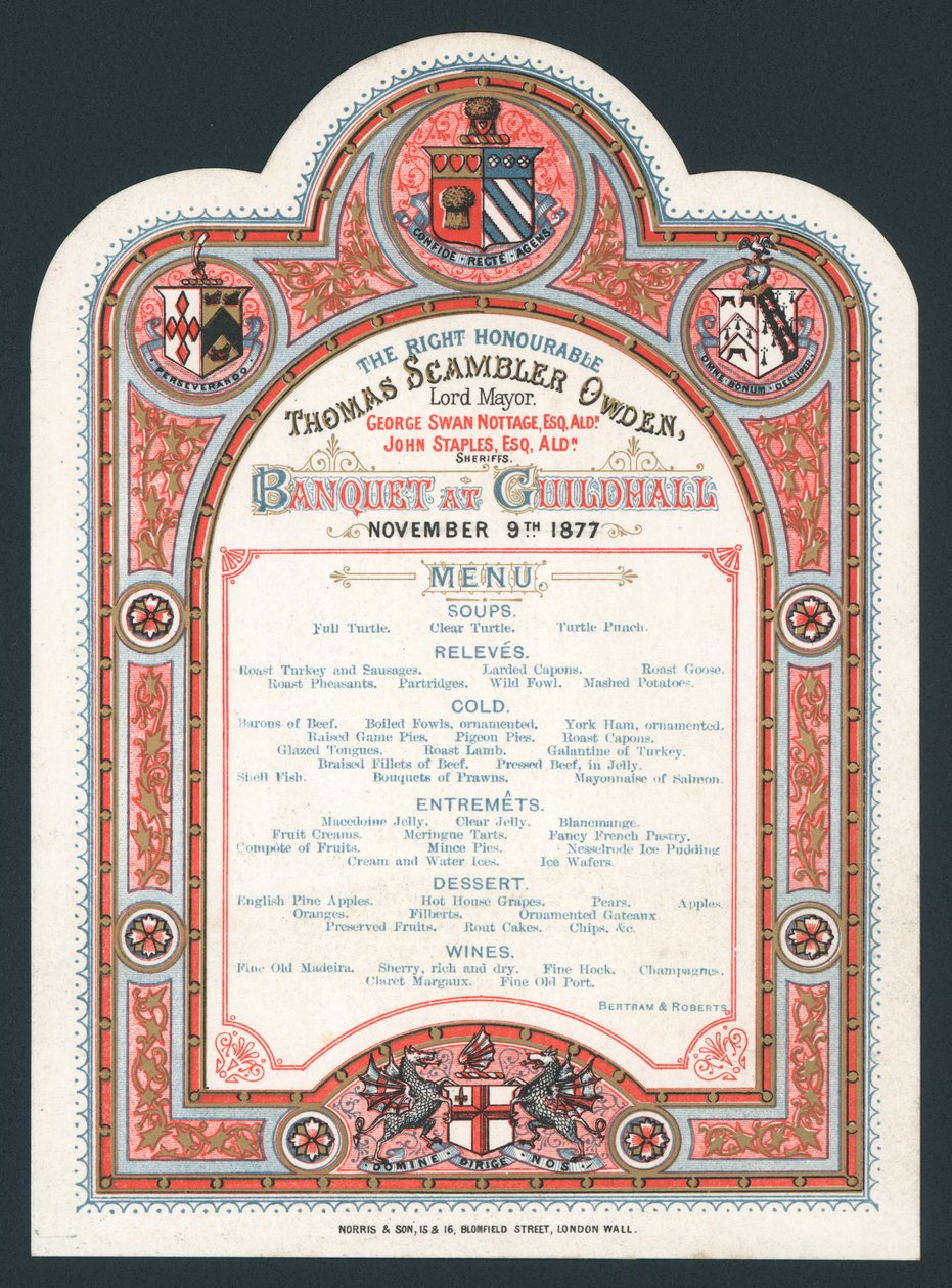 Banchetto a Guildhall, 9 novembre 1877, menù da English School