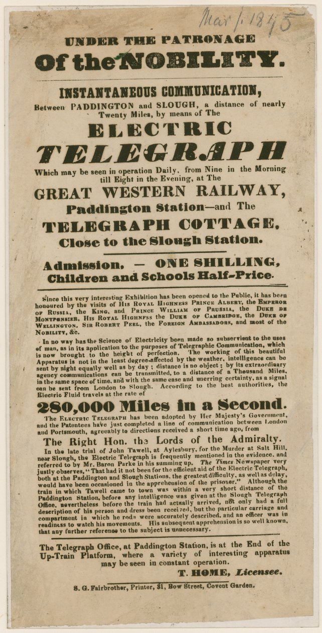 Dimostrazione del telegrafo elettrico, 1845 da English School