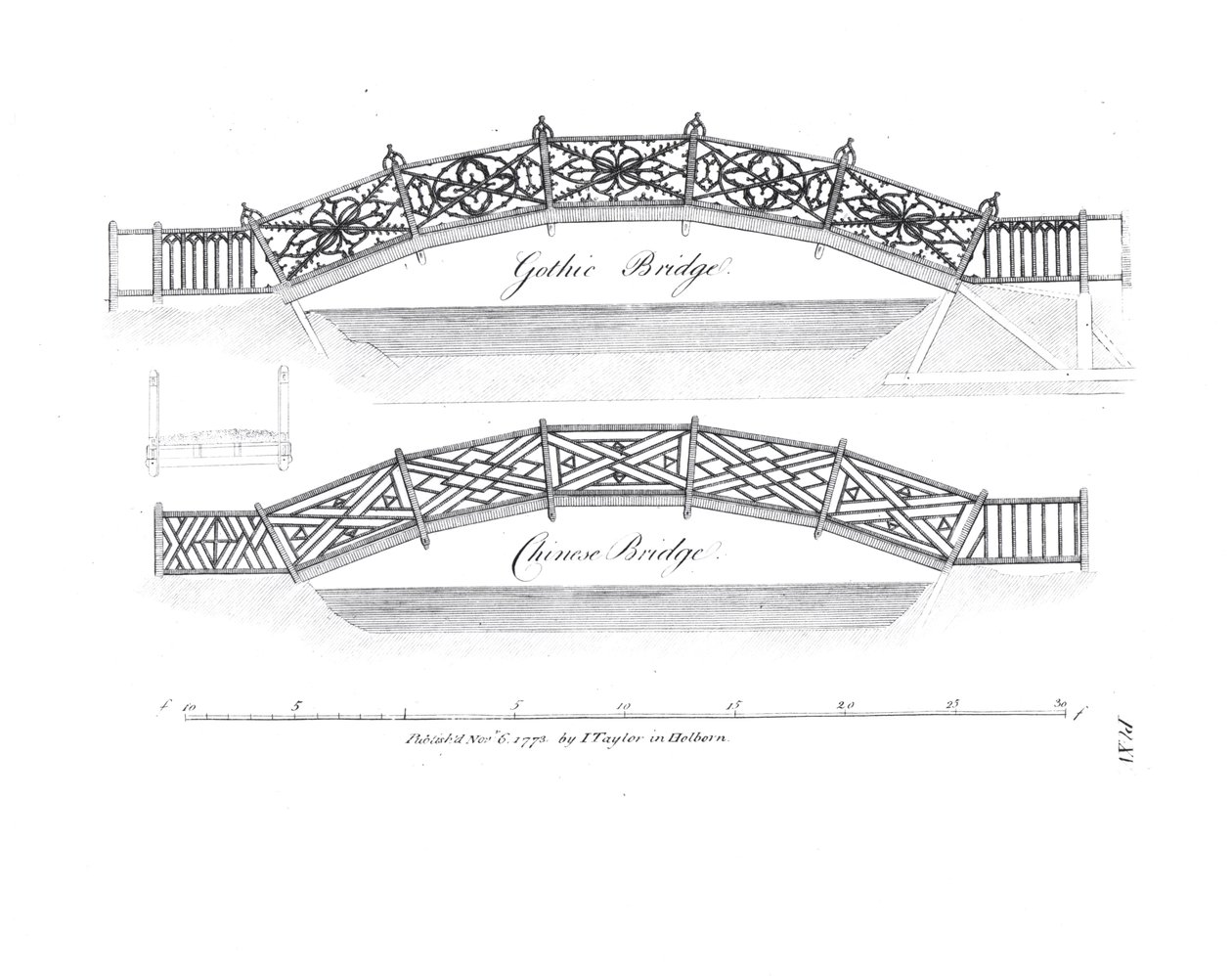 Progetti per ponti da giardino, pubblicato 1773 da English School