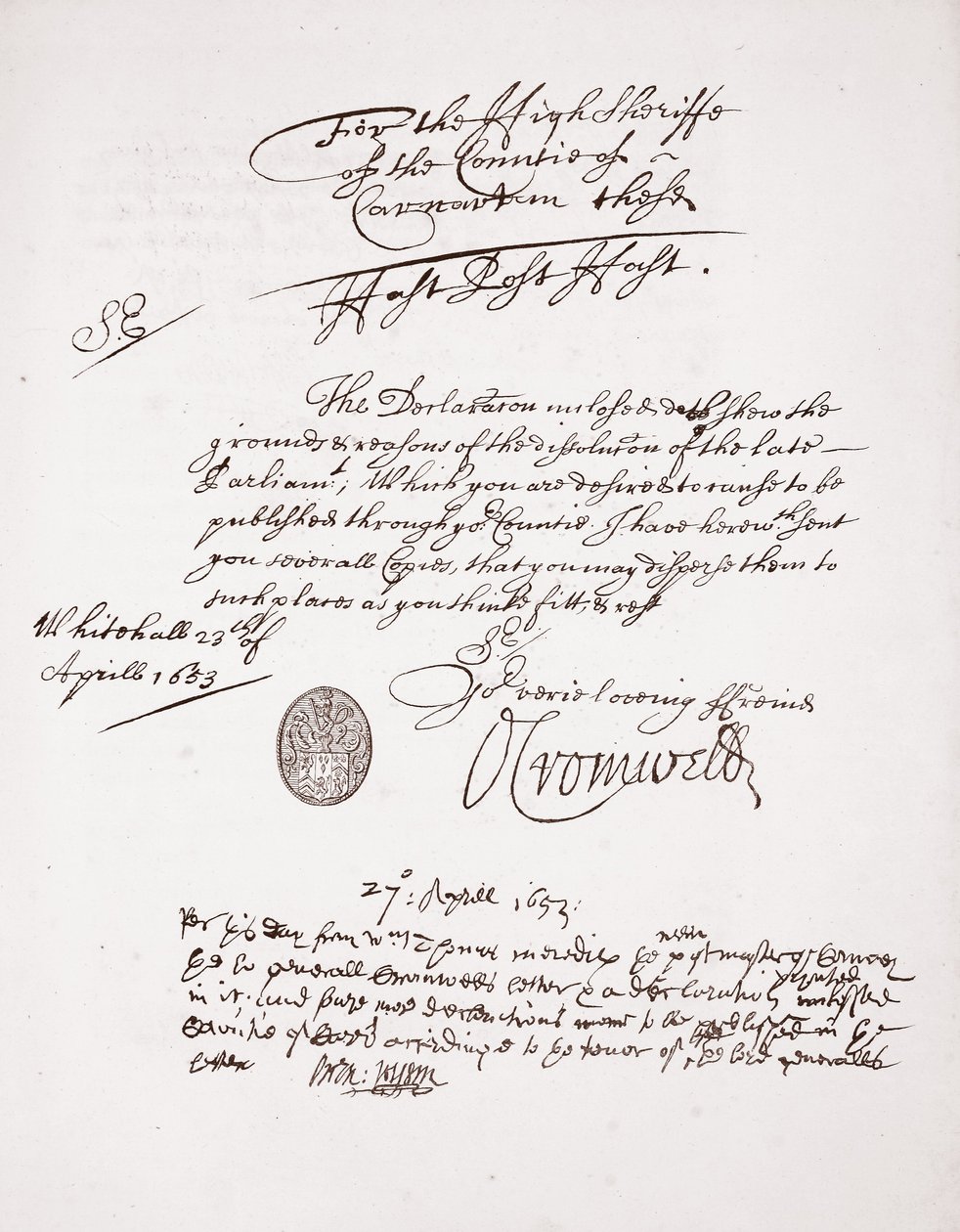 Lettera di Oliver Cromwell, aprile 1653 da English School