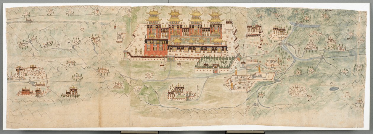 Mappa illustrata del Tibet centrale in 7 sezioni da English School