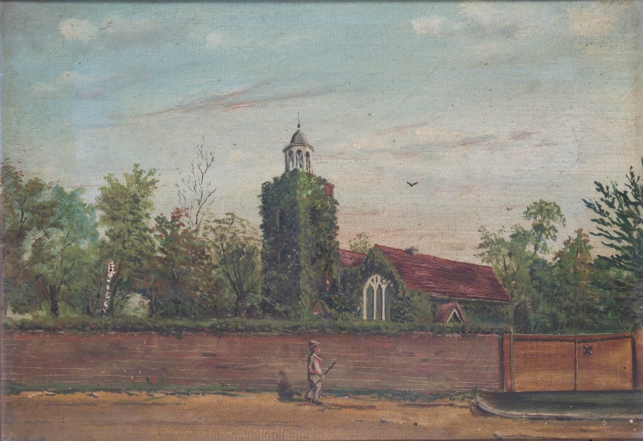 Chiesa di Teddington nel Middlesex, 1900 circa (olio su tela) da English School