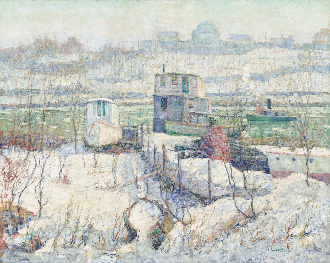 Casa delle barche, inverno, fiume Harlem, c. 1916 da Ernest Lawson