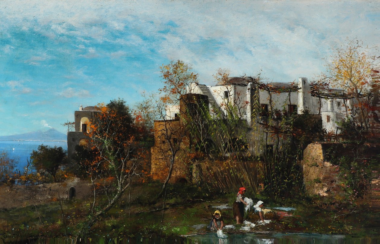 Lavandaie davanti al villaggio da Ernst Hanfstaengl