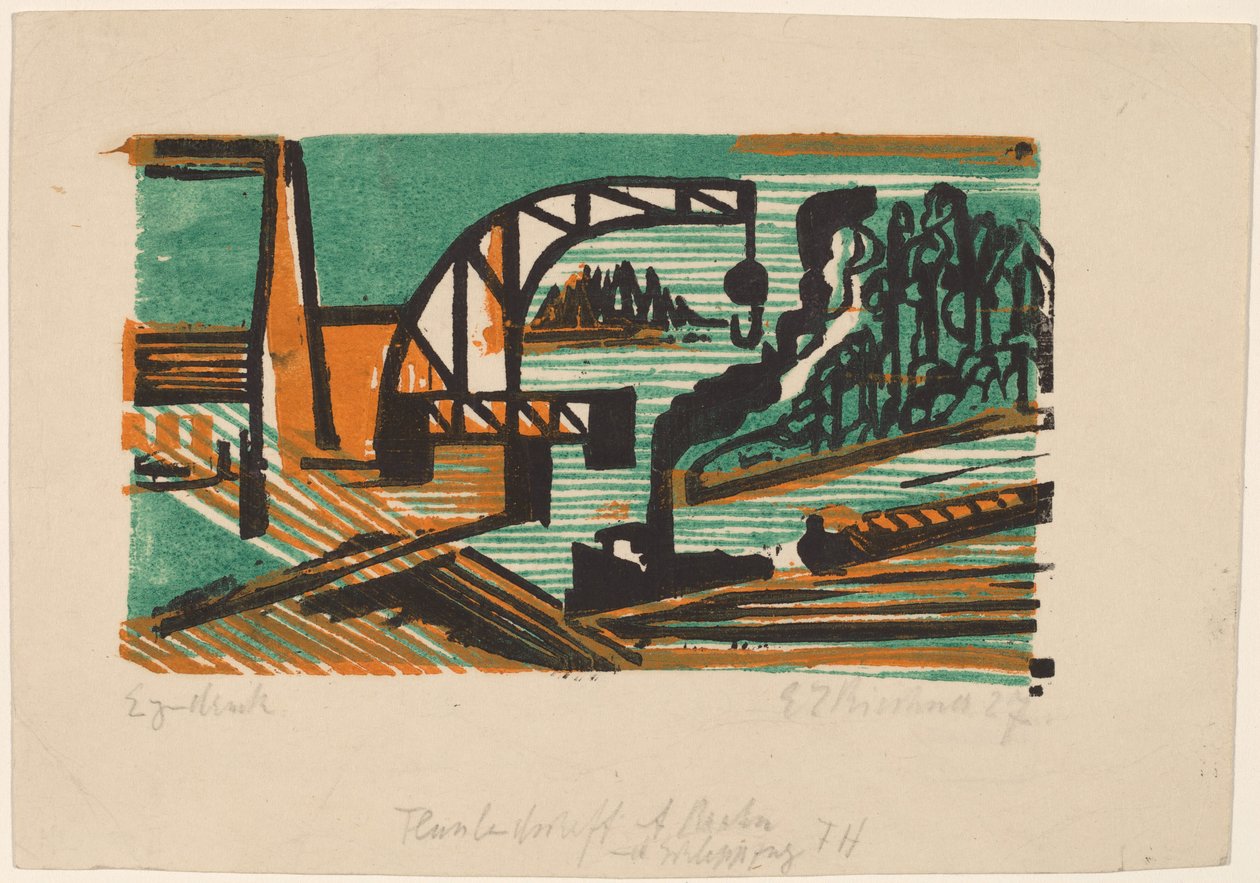 Paesaggio fluviale con gru e chiatte, 1927 da Ernst Ludwig Kirchner