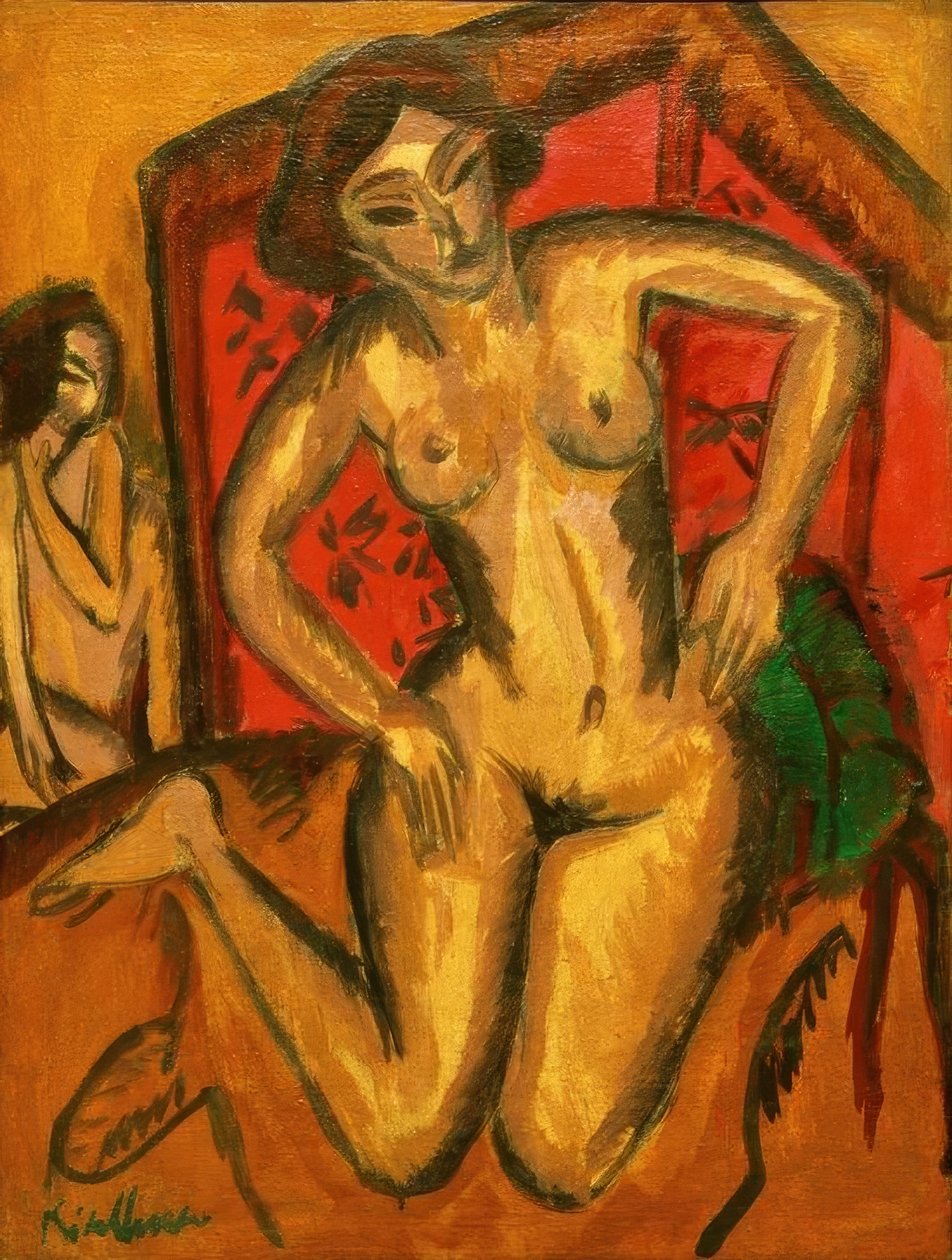 Nudo di ragazza inginocchiata davanti a un paravento rosso da Ernst Ludwig Kirchner