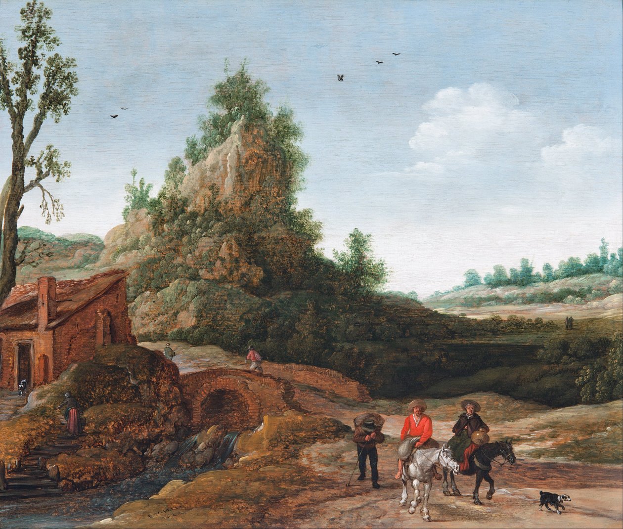 Un paesaggio con viaggiatori che attraversano un ponte davanti a una piccola abitazione, cavalieri in primo piano da Esaias van de Velde