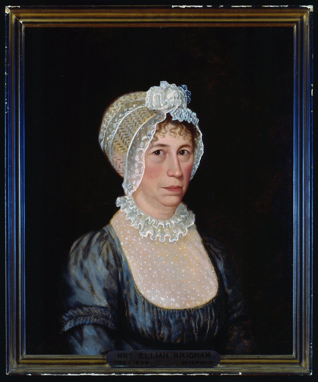 Ritratto a mezzo busto di Sarah Ward Brigham con un vestito scollato con dettagli in pizzo e un cappellino di pizzo da Ethan Allen Greenwood