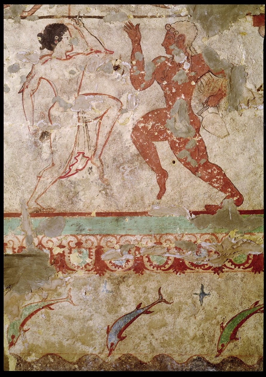 Due danzatori e delfini che saltano tra le onde, fregio dalla Tomba delle Leonesse nella necropoli, c.520 a.C. da Etruscan