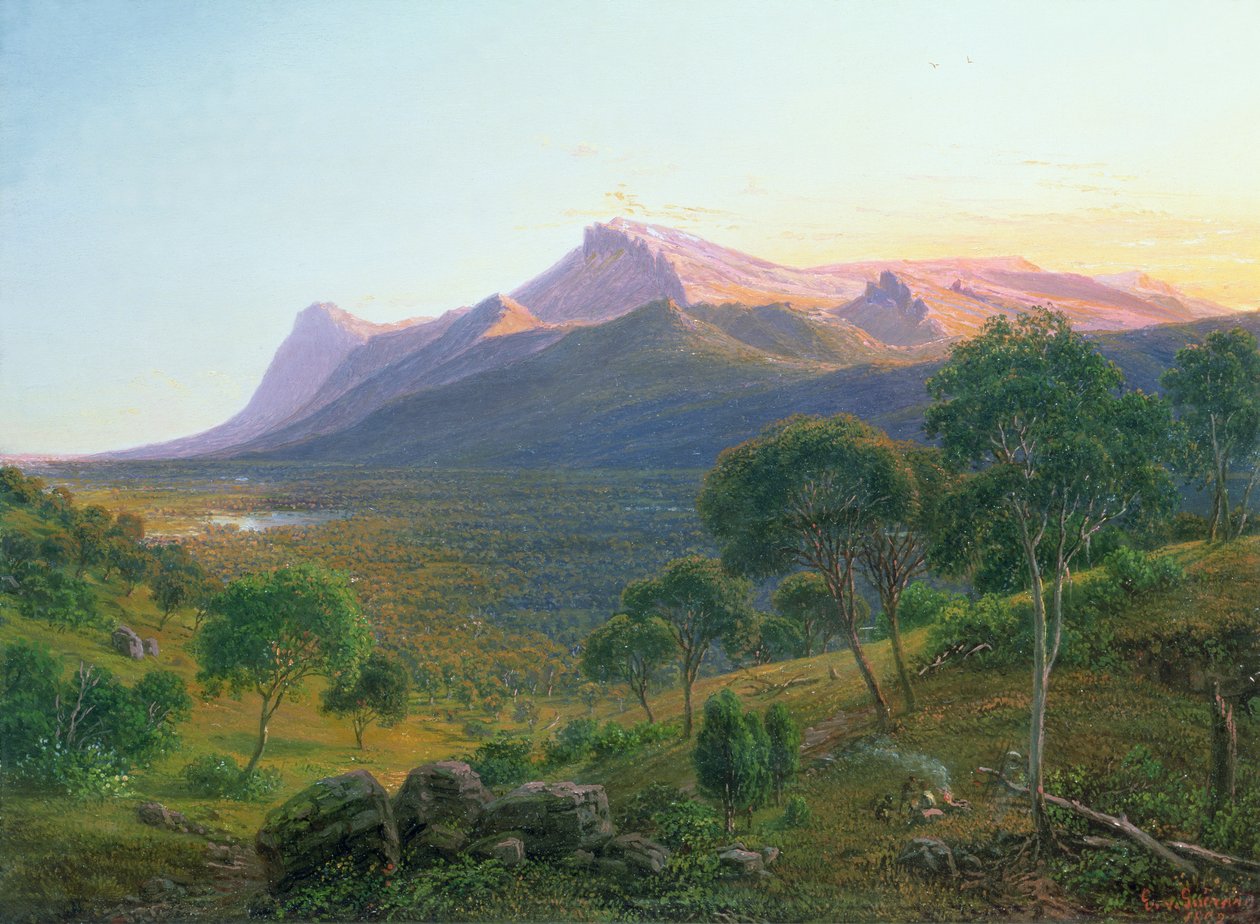 Aborigeni vicino a un Fuoco davanti al Monte William visto dal Monte Dryden nei Grampiani, Victoria, 1892 da Eugene von Guérard