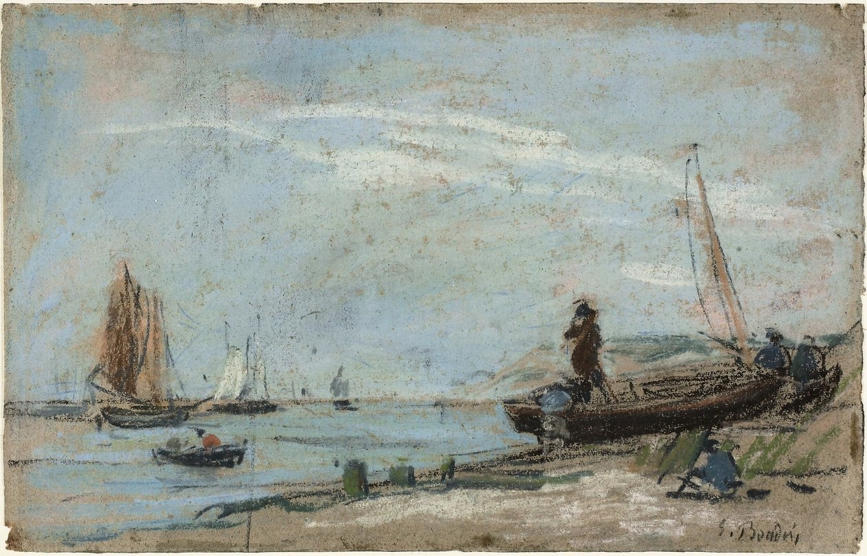 Spiaggia con barche da pesca e carbone da Eugene Louis Boudin