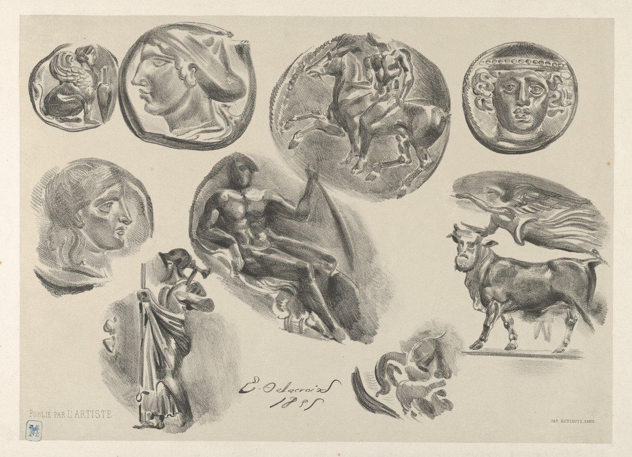 Foglio di nove monete antiche da Eugène Delacroix