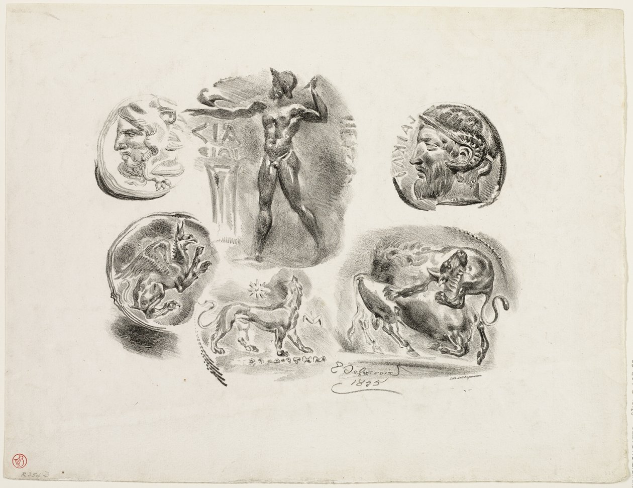 Foglio di sei medaglie antiche da Eugène Delacroix