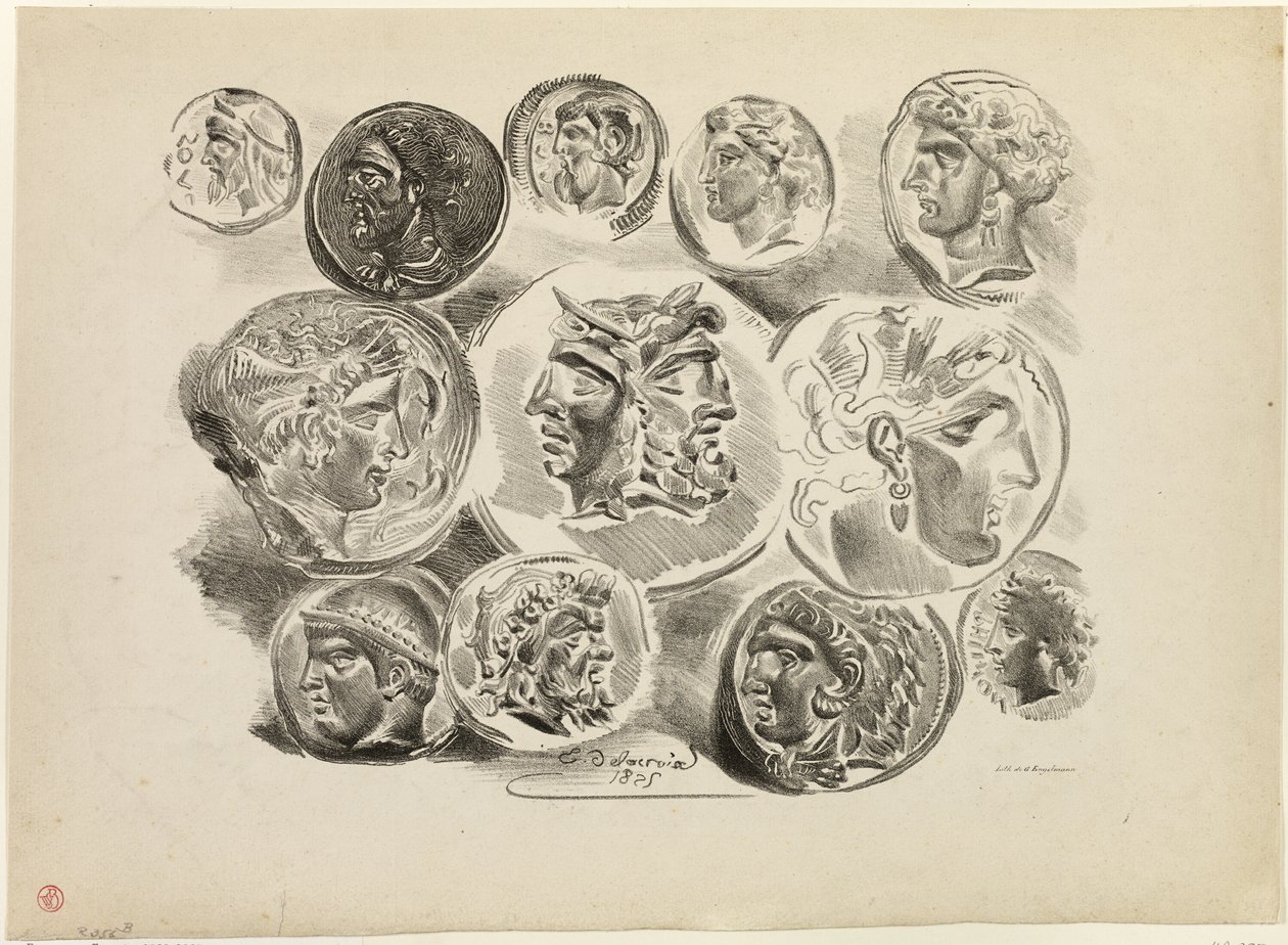 Foglio di dodici medaglie antiche da Eugène Delacroix
