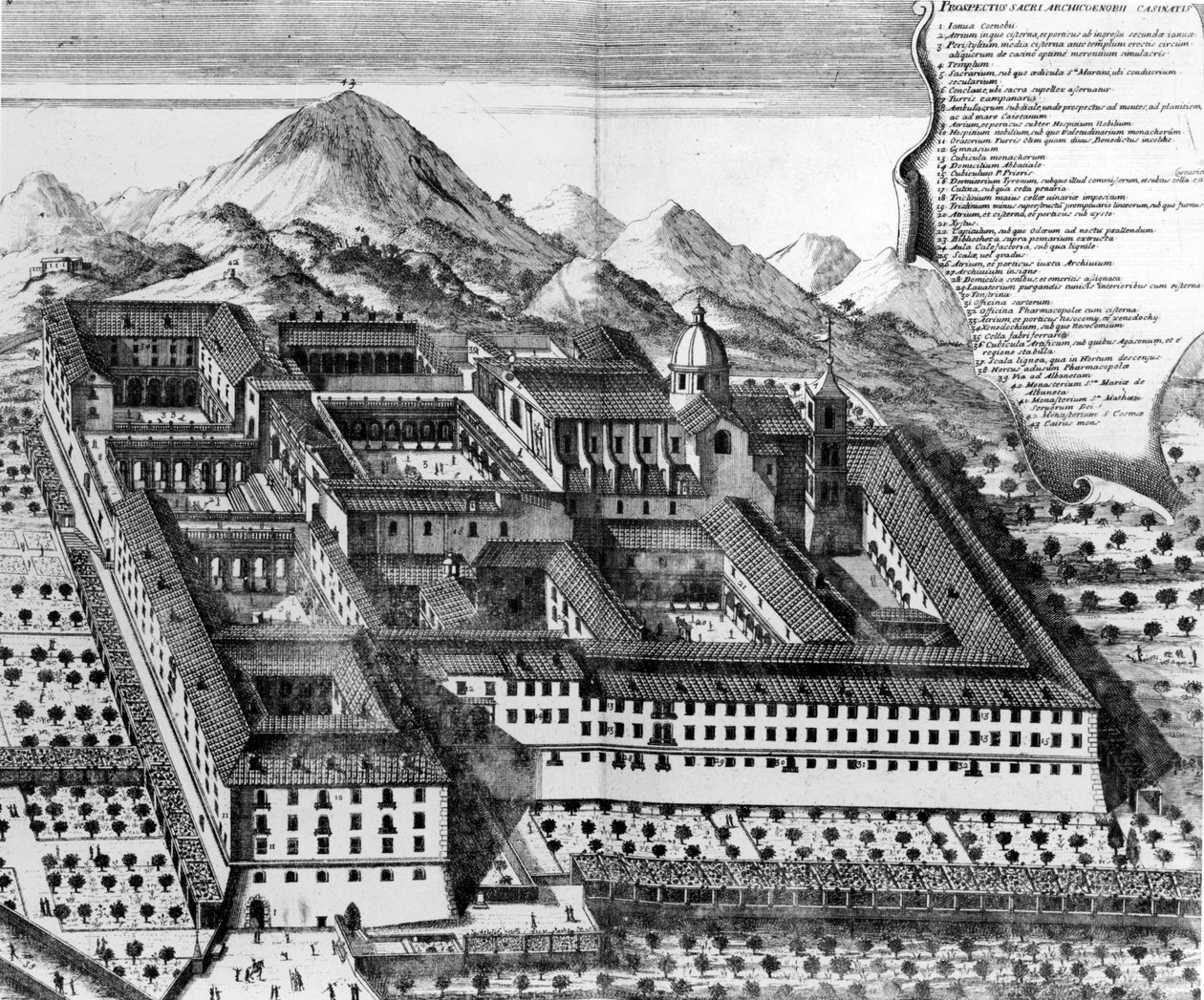 Vista aerea di Monte Cassino, Italia (incisione) da European School