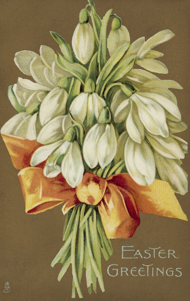 Mazzo di bucaneve, auguri di Pasqua (litografia a colori) da European School