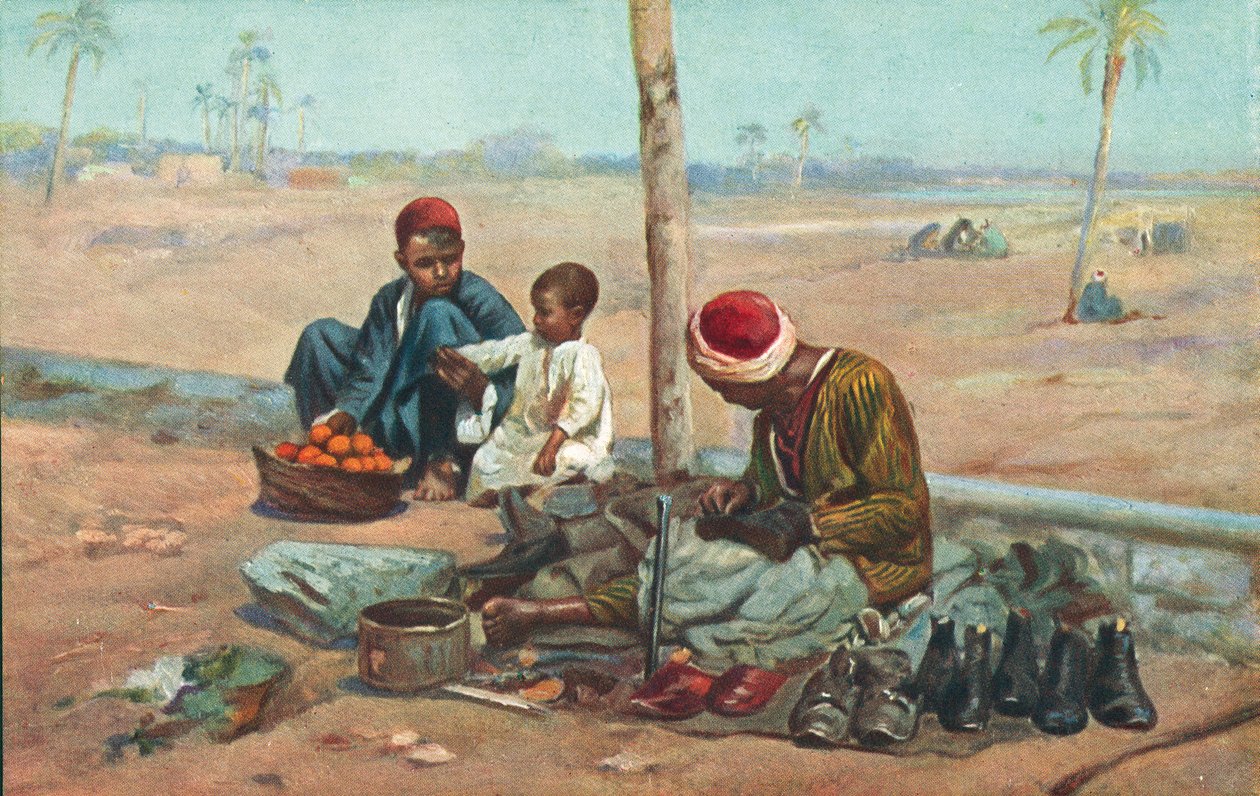 Ciabattino e bambini, Egitto (litografia a colori) da European School