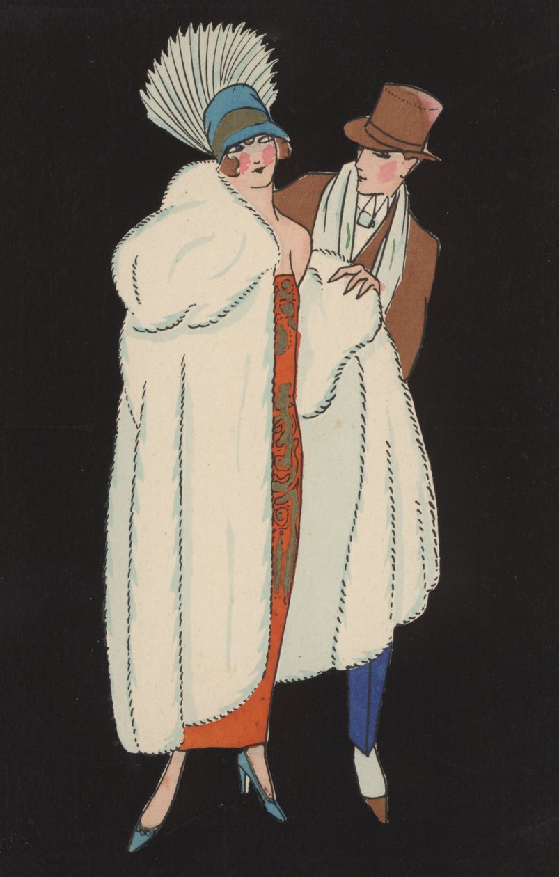 Coppia in abito alla moda (litografia a colori) da European School