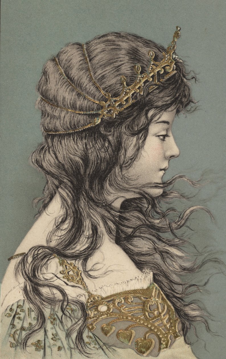 Ragazza con diadema (litografia a colori) da European School
