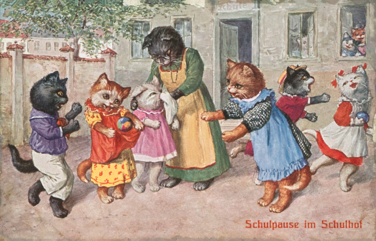 Cartolina umoristica con gatto (litografia a colori) da European School