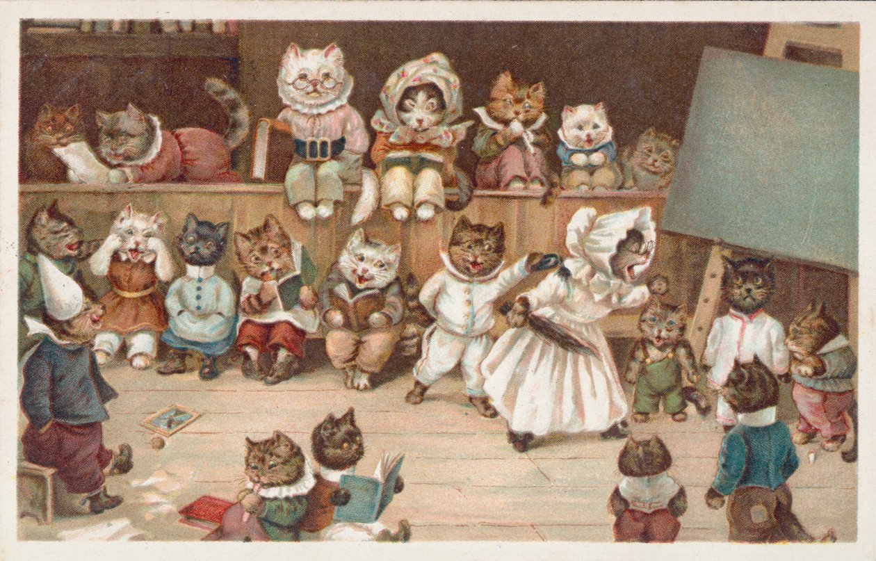 Cartolina umoristica con gatto (litografia a colori) da European School