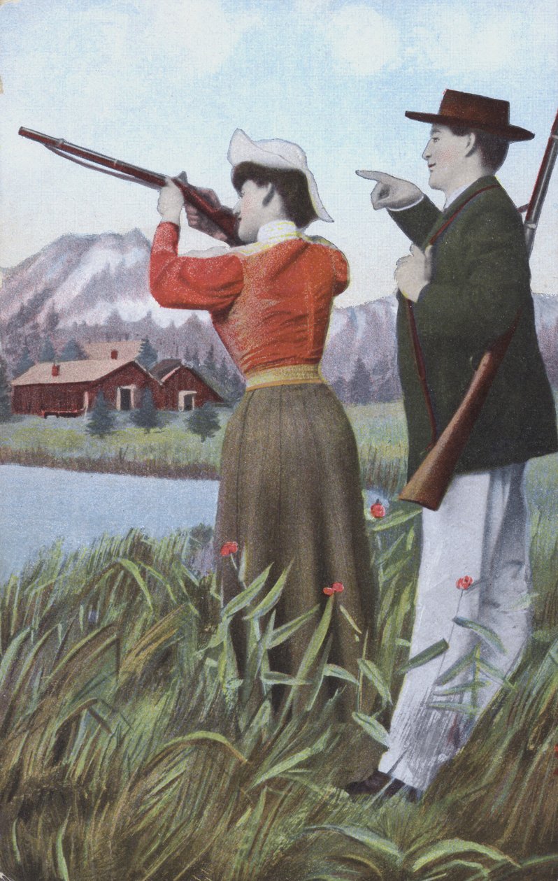 Uomo e donna che sparano (litografia a colori) da European School
