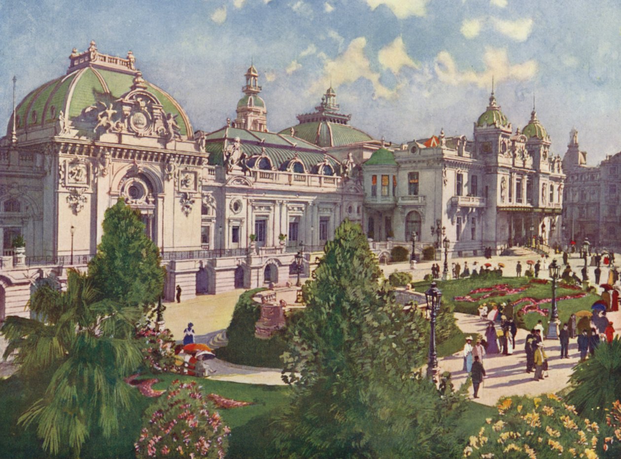 Monte-Carlo, facciata del Casinò (litografia a colori) da European School