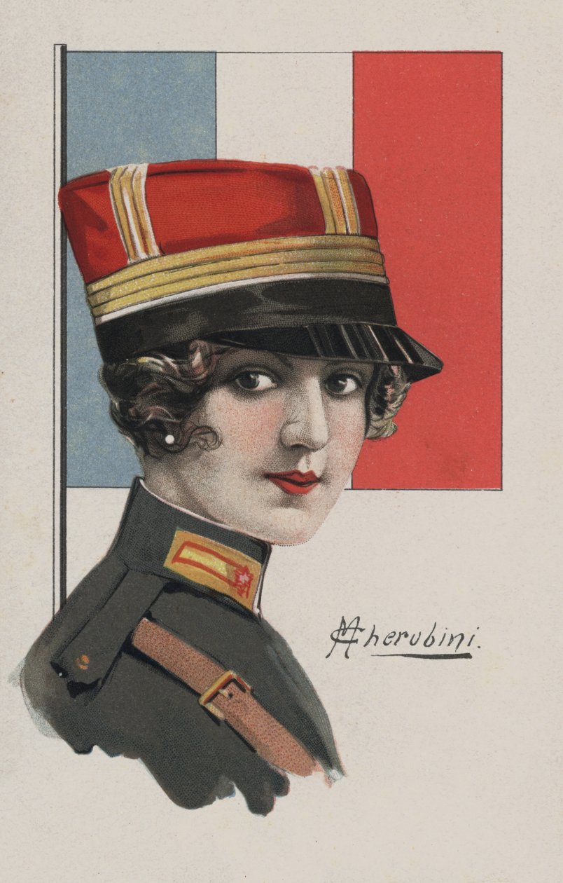 Donna in uniforme, Francia (litografia a colori) da European School