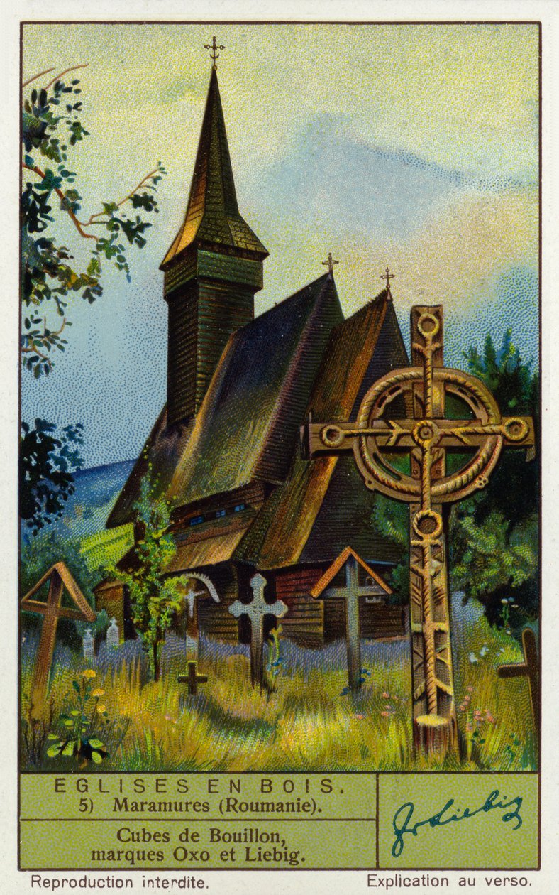 Chiesa di legno, Maramures, Romania settentrionale (chromolitho) da European School