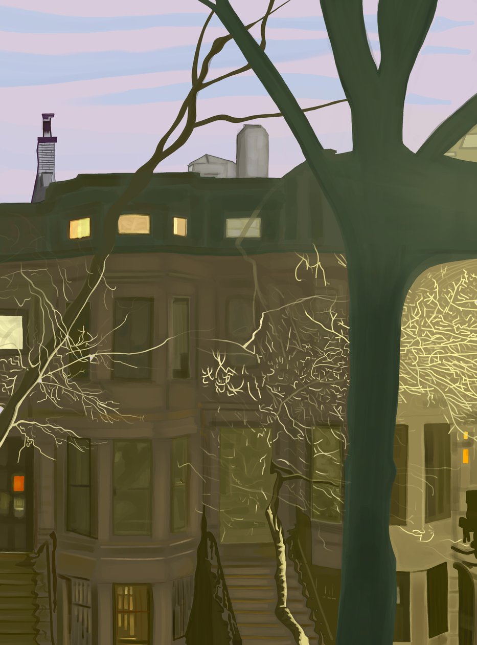 Brownstone di notte (arte digitale) da Evan Sklar
