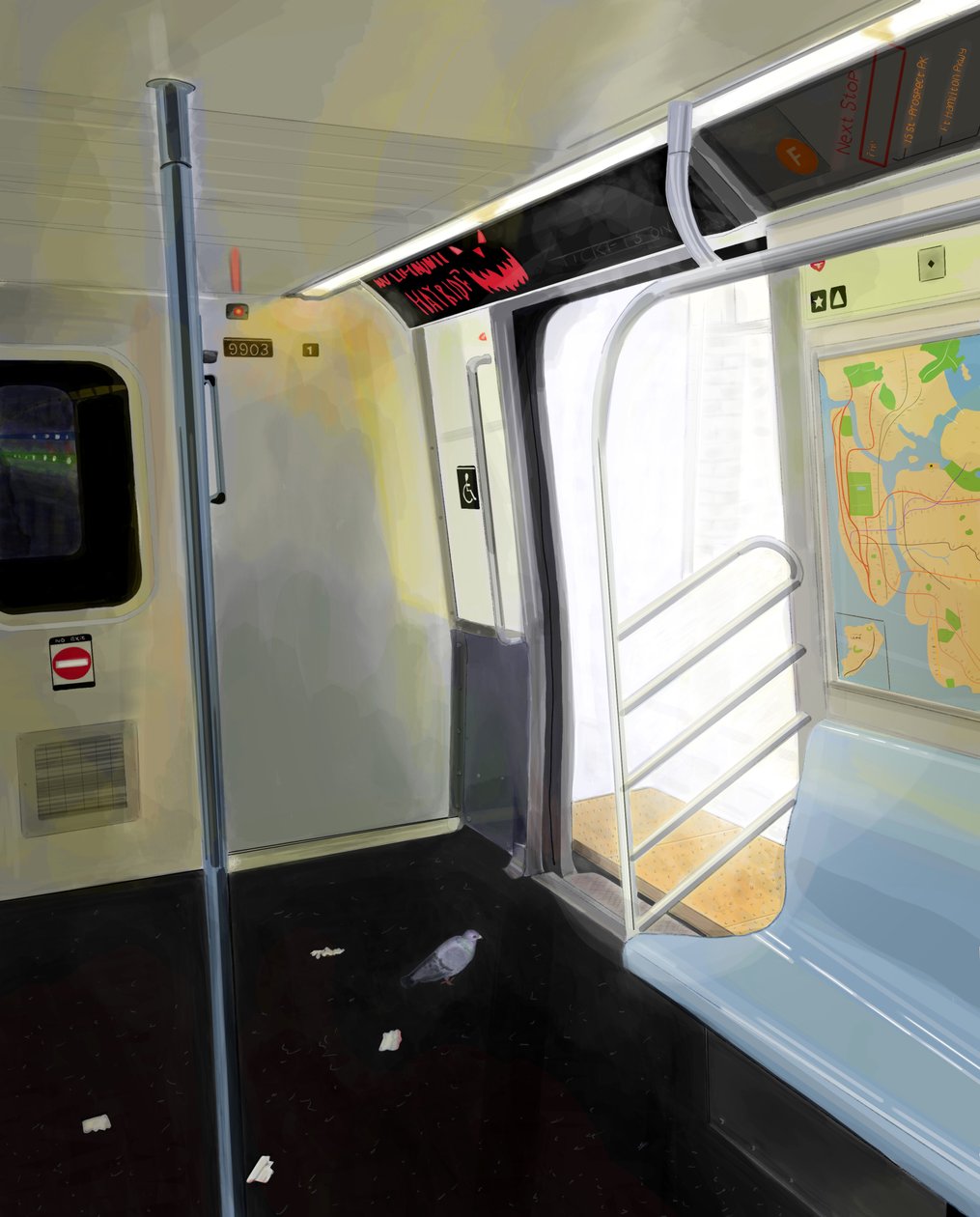 Piccione in metropolitana (arte digitale) da Evan Sklar