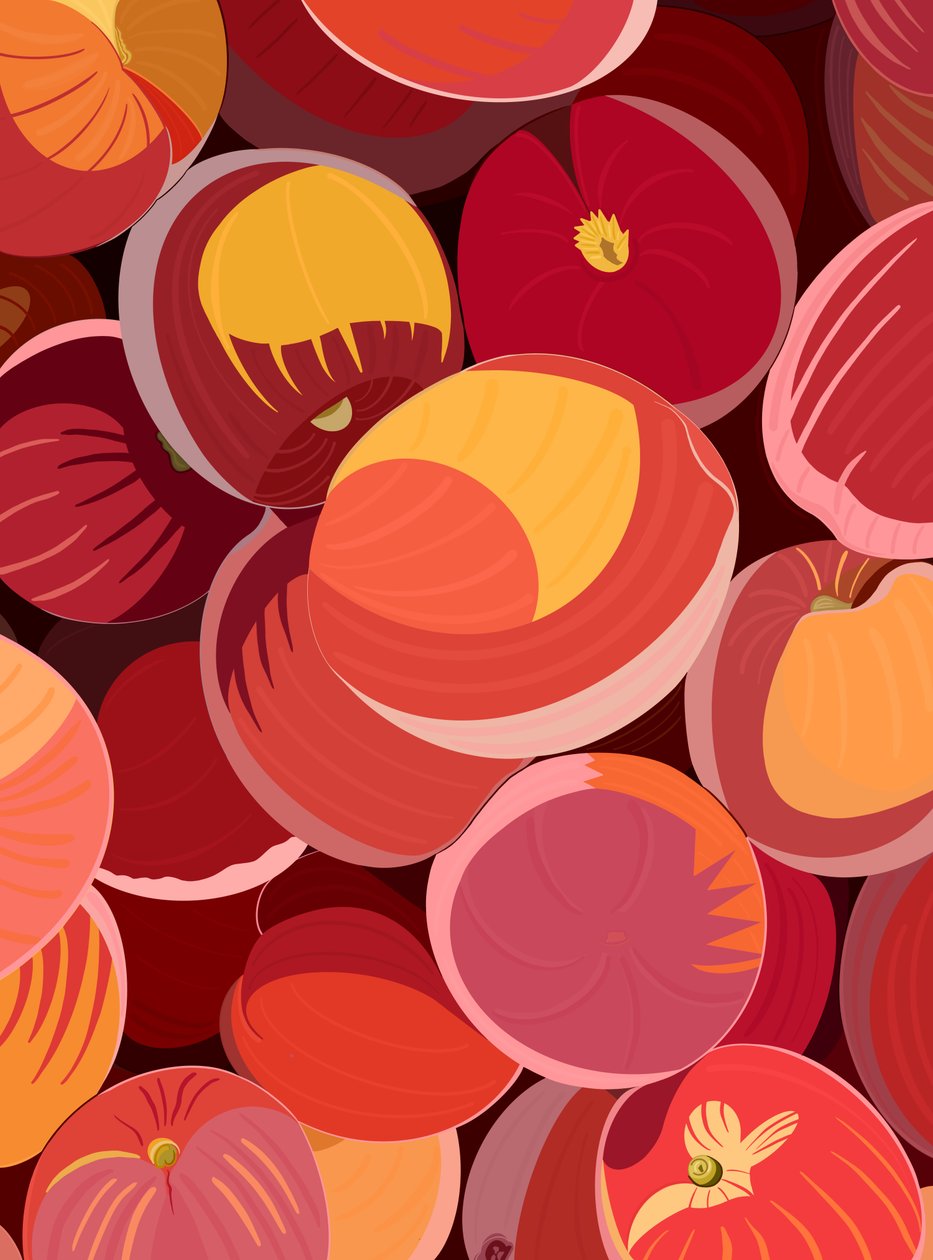 Mucchio di pesche, 2020-24 circa (arte digitale) da Evan Sklar