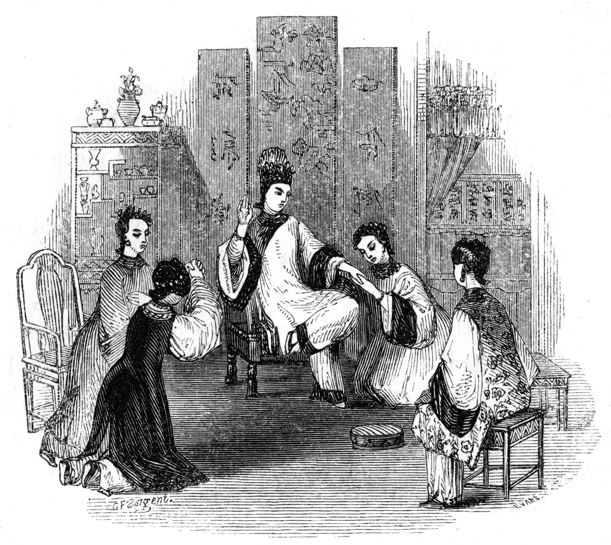Fanciulle cinesi che piangono con una sposa, 1847 da Evans