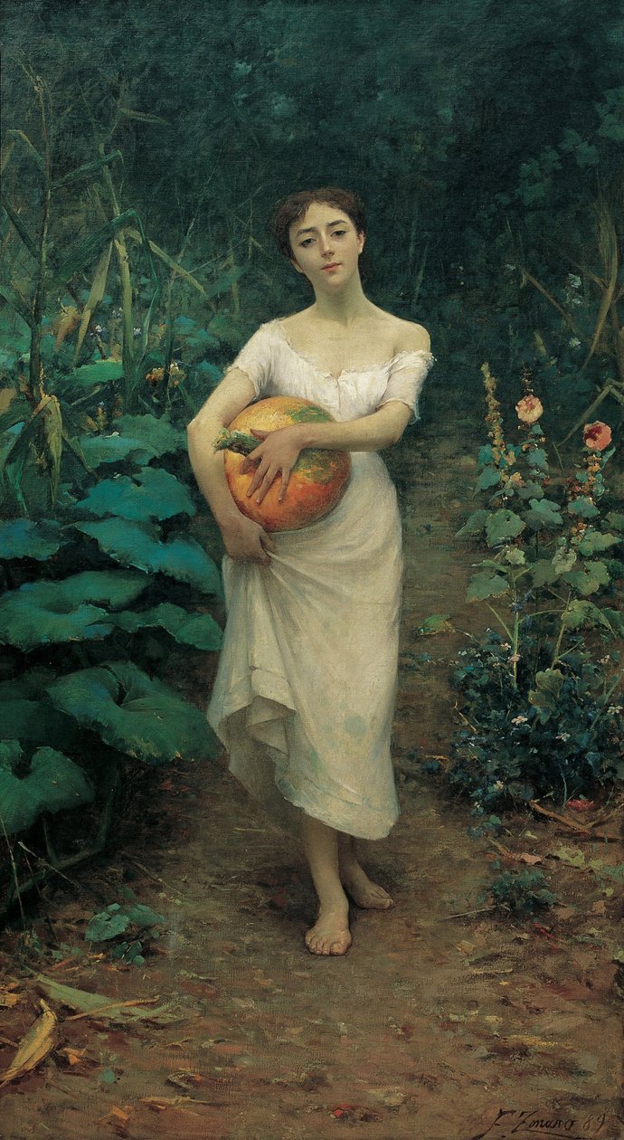 Giovane ragazza che porta una zucca da Fausto Zonaro