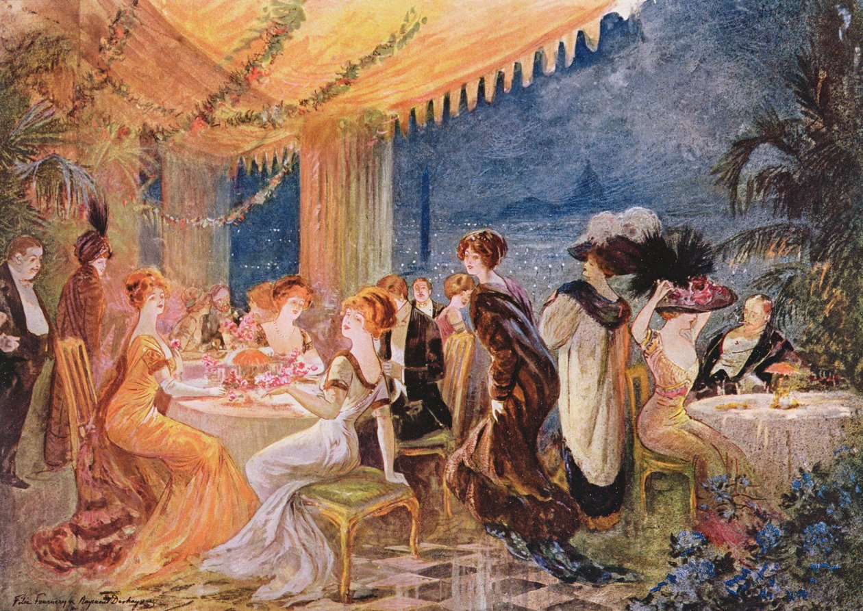 Una serata in un ristorante parigino, pubblicità per The Furrier Revillon in Le Figaro Illustre, 1910 da Felix Fournery