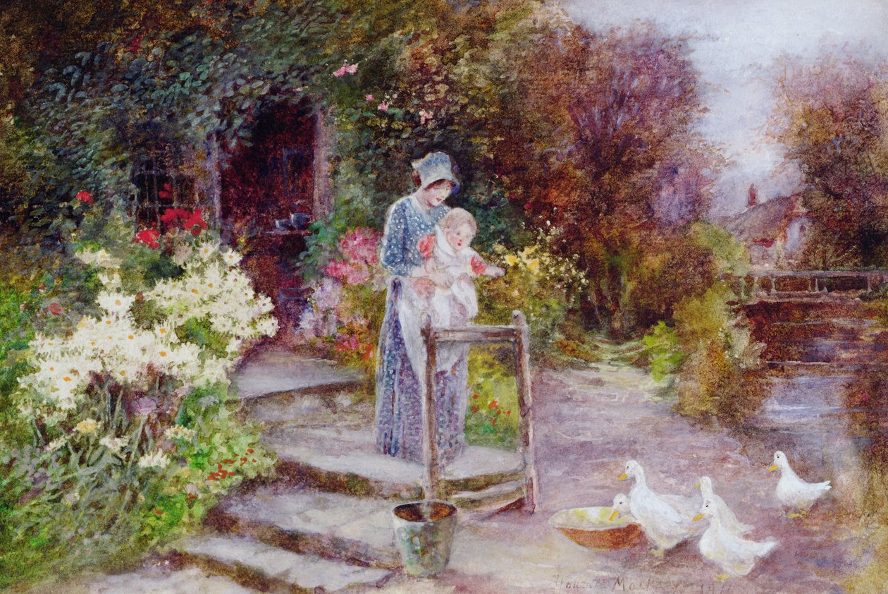 Donna e bambino in un giardino di cottage da Florence Agnes Mackay