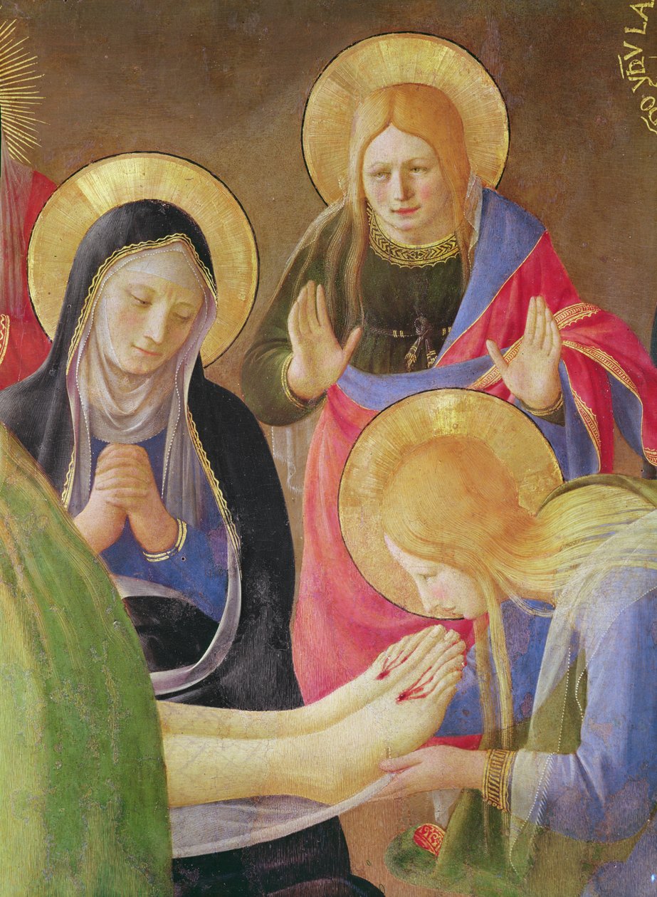 (dettaglio) Maria Maddalena che bacia i piedi di Cristo in Il compianto su Cristo morto da Fra Angelico